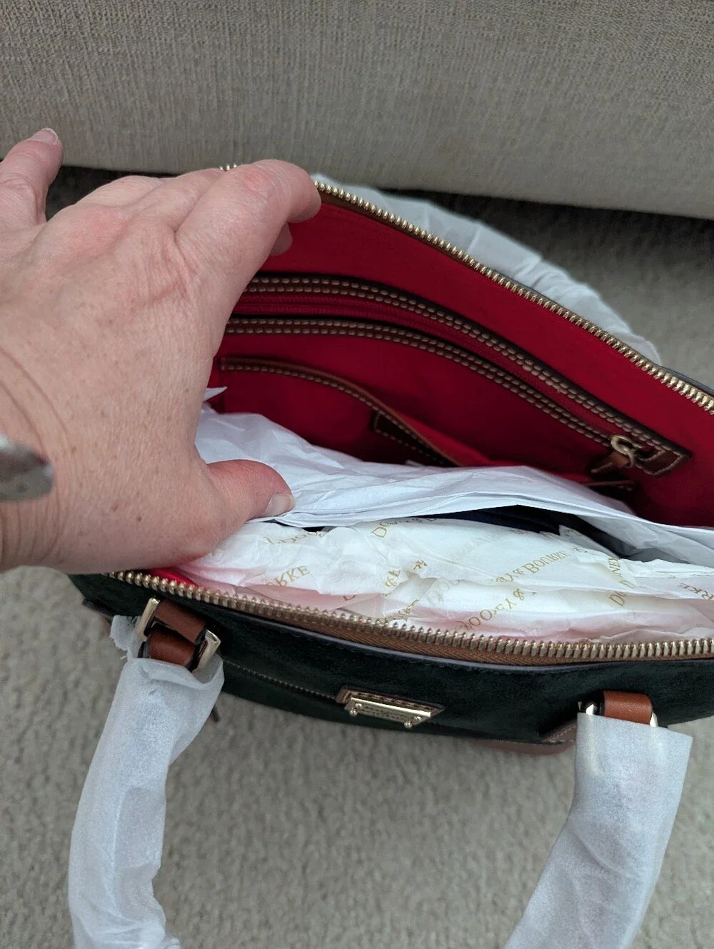 Dooney & Bourke Green Ivy Suede and Brown Leather Dome Zip Satchel
